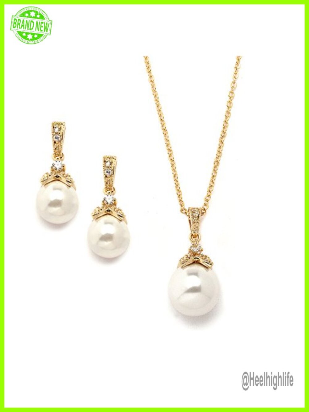 Pearl Drop Necklace Earrings Set Gold Plated Copper CZ Bridal Wedding Jewelry